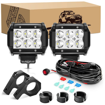2 Pcs 18W Spot LED Pods with 16AWG 3Pin Rocker Switch Wiring Harness kit Horizontal Bar Tube Clamp